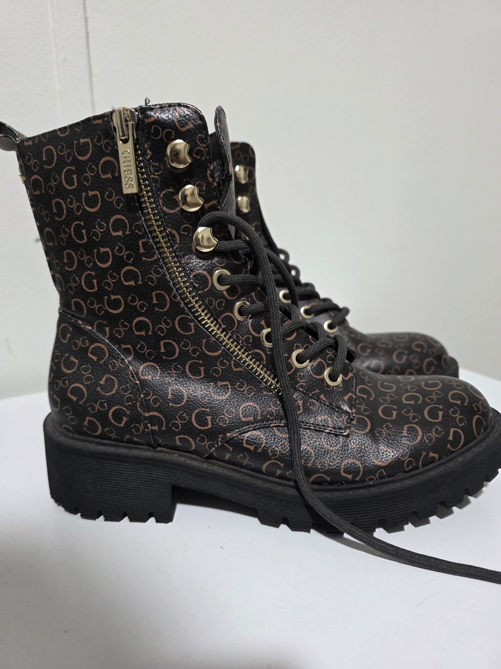 GUESS Brown Logo Lace-Up Combat Boots with Gold Hardware